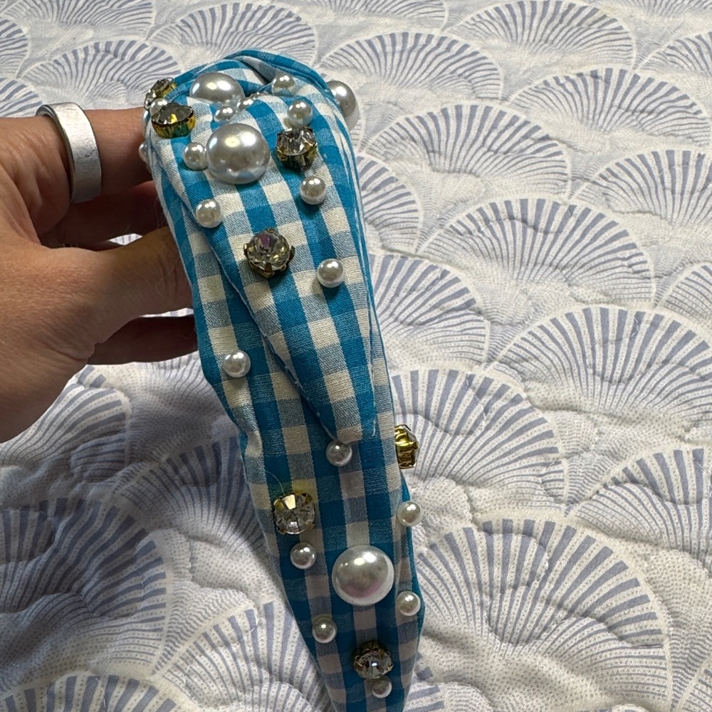 Blue Gingham Pearl Crystal Knotted Headband Preppy Coastal Statement - Picture 5 of 7